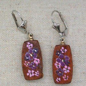 Vintage Hand Painted Purple Pink Violet Blossoms on Koa Wood Earrings